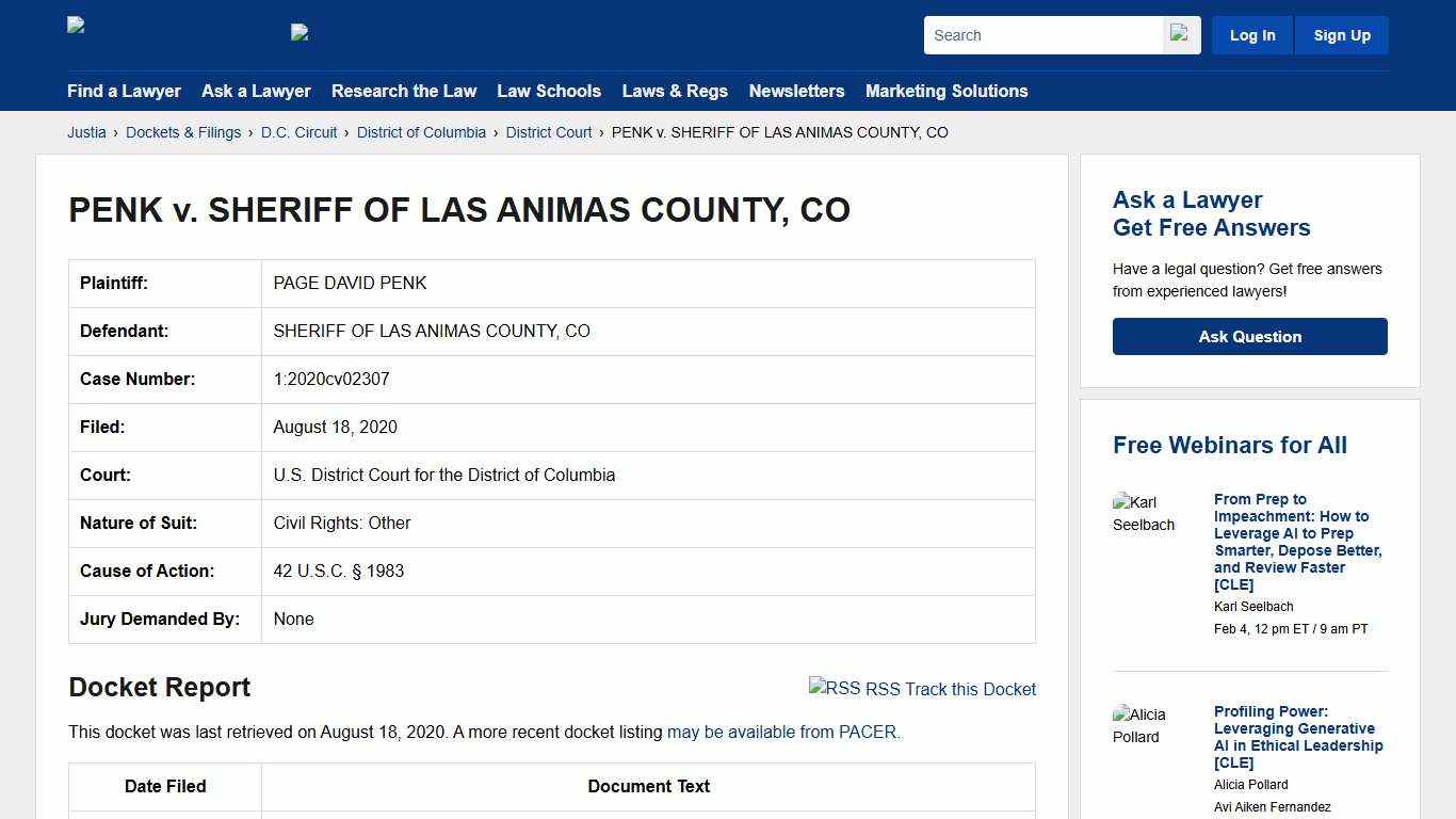 PENK v. SHERIFF OF LAS ANIMAS COUNTY, CO 1:2020cv02307 U.S. District Court for the District of Columbia Justia