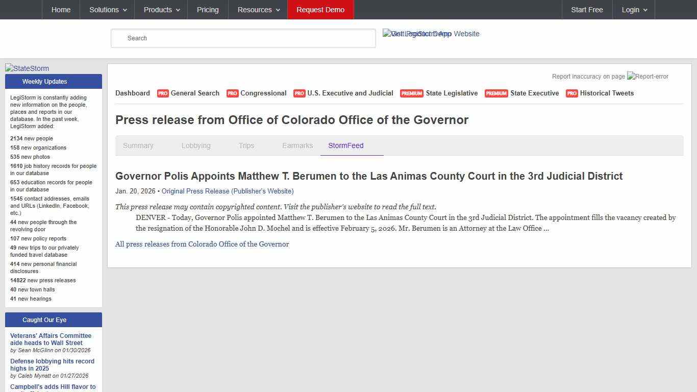 Governor Polis Appoints Matthew T. Berumen to the Las Animas County Court in the 3rd Judicial District - Colorado Office of the Governor Press release LegiStorm
