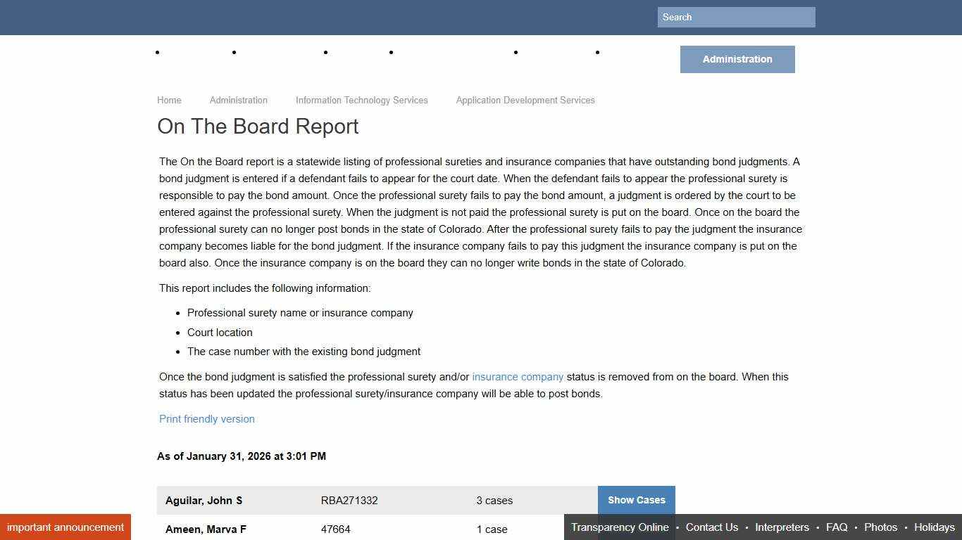 Colorado Judicial Branch - Administration - Information Technology Services - Application Development Services - On The Board Report